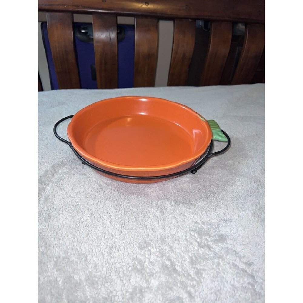 Vintage Avon China Orange PUMPKIN Pie Plate Baking Dish with Serving Stand